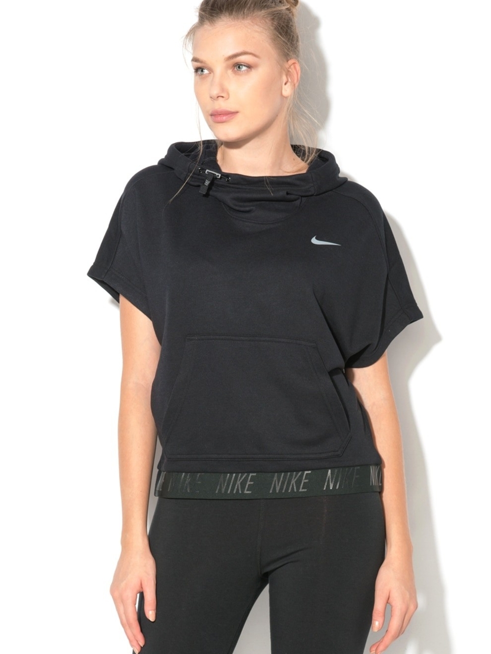 Nike Dri-FIT Black Short Sleeve Hoodie Sweatshirt Elastic Logo Band Women's Smal